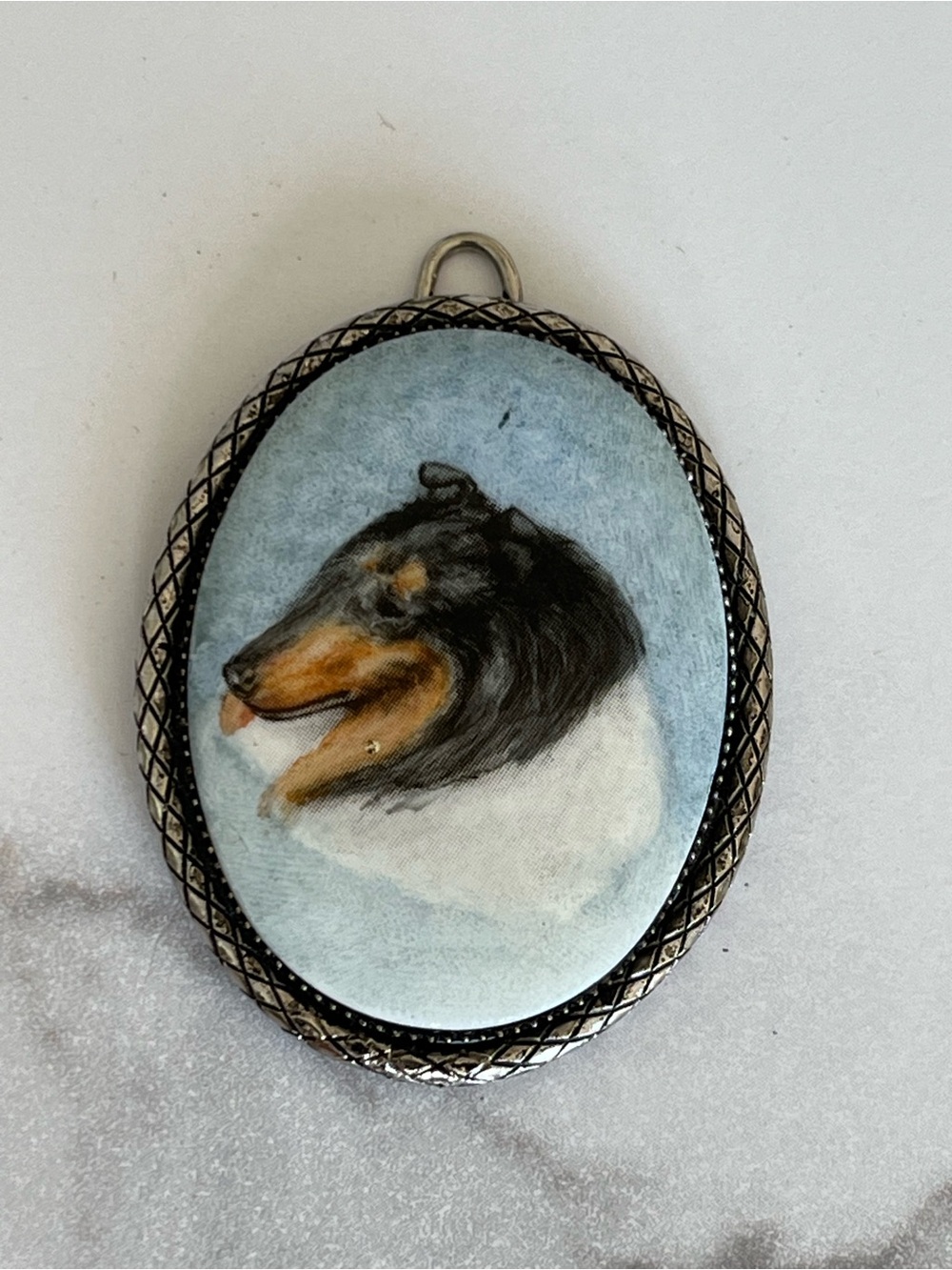 Vintage Rough Collie Dog Portrait Oval Pendant - Silver Tone Textured Frame